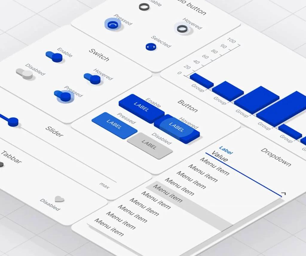 Isometric view of design system components: switches, buttons, sliders, a dropdown menu and a bar chart